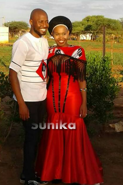 Swazi Matching attire for couples with lace shawl