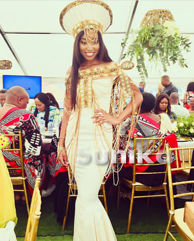 White Zulu Wedding dress with Gold Beads