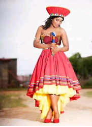Red Zulu Traditional Wedding Dress with Yellow Inner Skirt