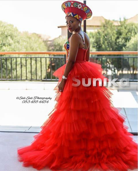 Layered Tulle Red Ndebele Traditional Wedding Dress