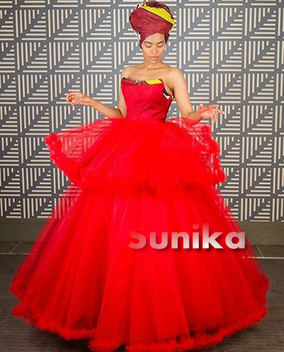 Red Swazi Dress with Swati Print Doek