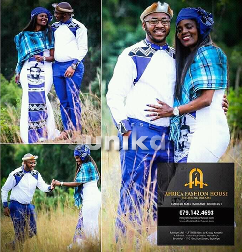 Blue and White Swazi Traditional Attire for couples