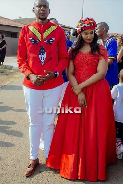 Red and White SiSwati Attire for couples