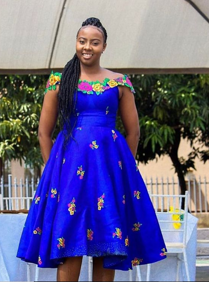Flared Blue Tsonga Dress Floral Drop Shoulder