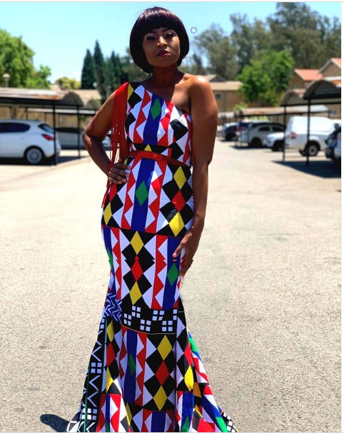 Long Fishtail Ndebele Dress With Red Strips