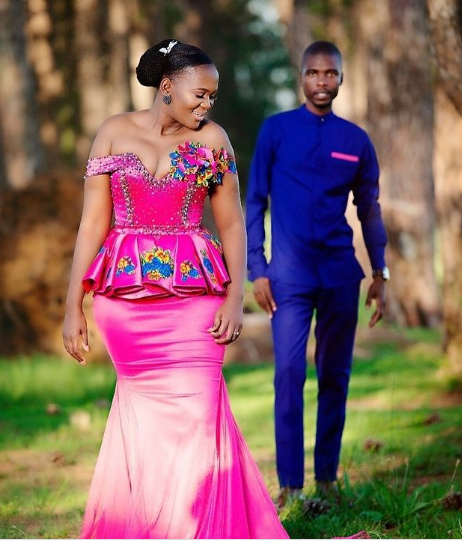 Pink Saton Tsonga Traditional Wedding Dress Drop Shoulder