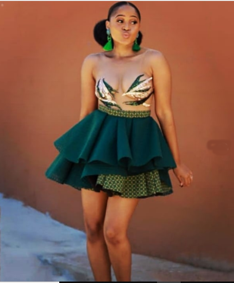 Short 4 layer Green Shweshwe Dress with lace