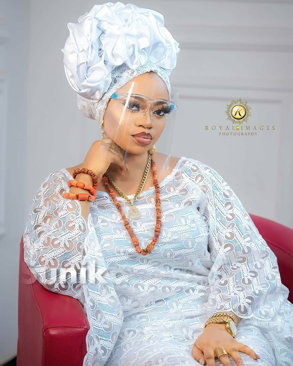White Nigerian Gele on Lace Dress