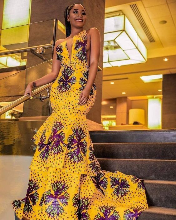 Yellow and Purple Beaded African Print Dress