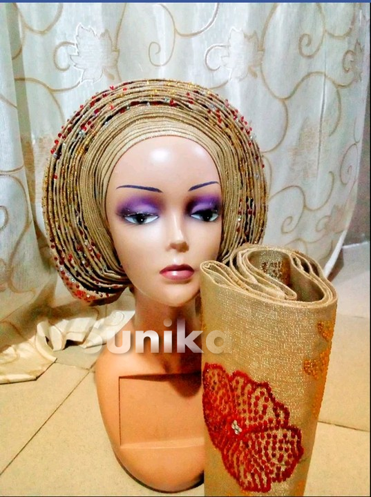 Beaded Champagne Gold Nigerian Headwrap