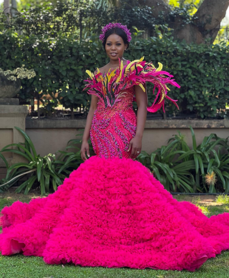 Beaded Pink Wedding Dresswith Feathers by Zamaswazi Nkosi