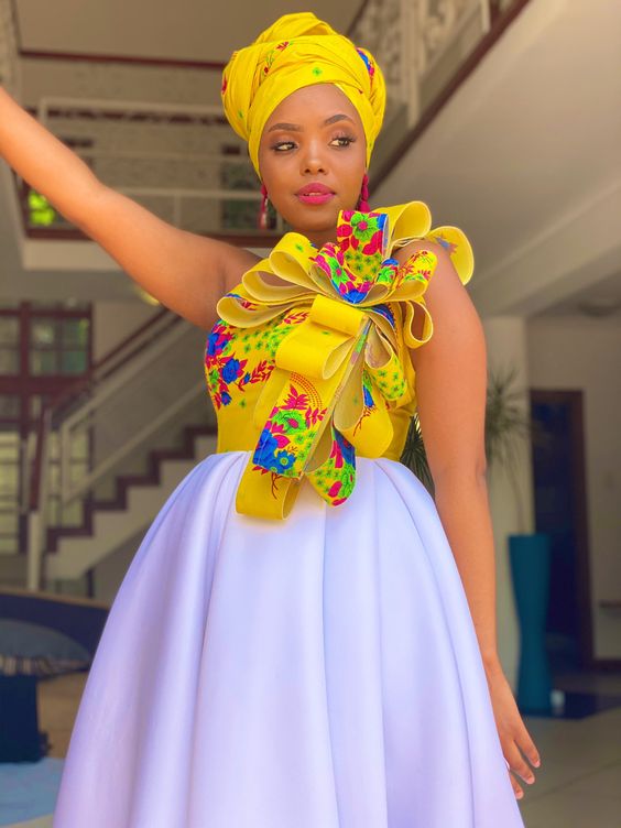 Yellow Tsonga Traditional Wedding dress with Bubble Strips
