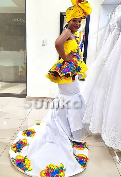 Tsonga Traditional Wedding dres with hi low mermaid peplum skirt