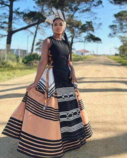 Flared Black Beige and White Xhosa Traditional Wedding Dress with Doek