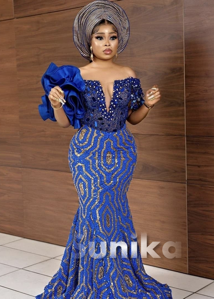Blue Drop Shoulder Nigerian Lace Dress with Low Crack neckline