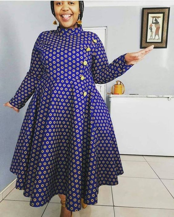 Blue Plus Size Shweshwe Dress with button