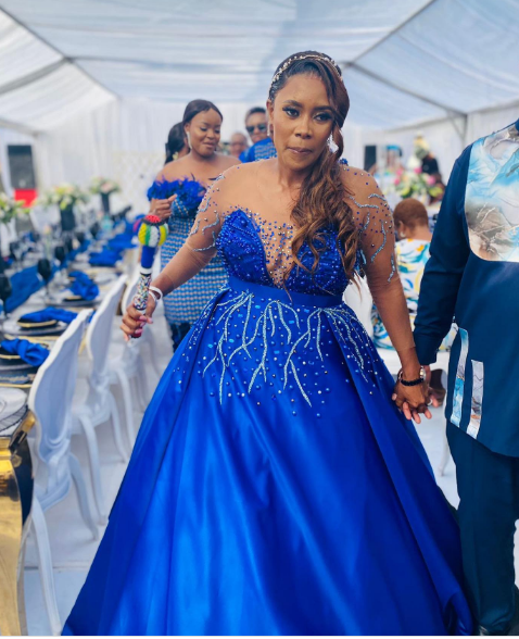 Blue Satin Beaded Wedding Dress by NIM Couture