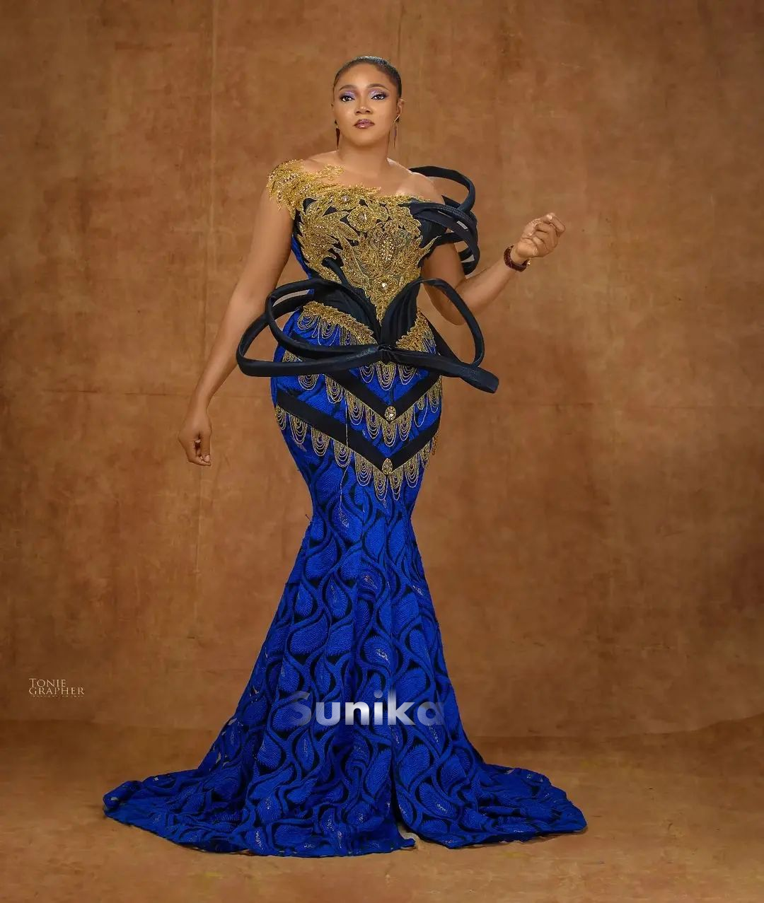Blue and Black Nigerian Dress with Gold Lace