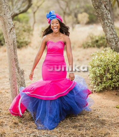 Blue and Pink Traditional Sepedi Weding Dress
