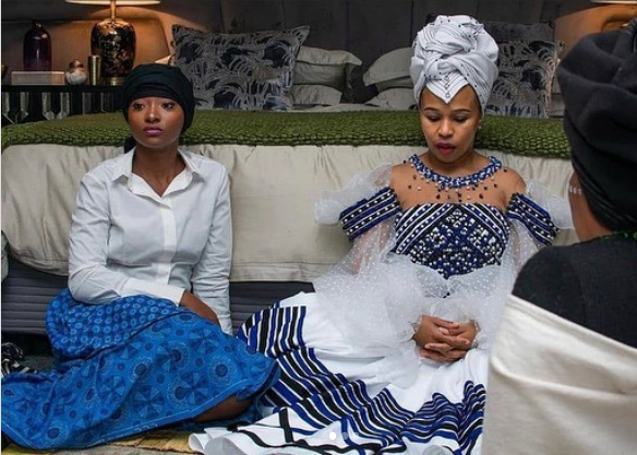 Blue and White Xhosa Traditional dress by Scalo Designer