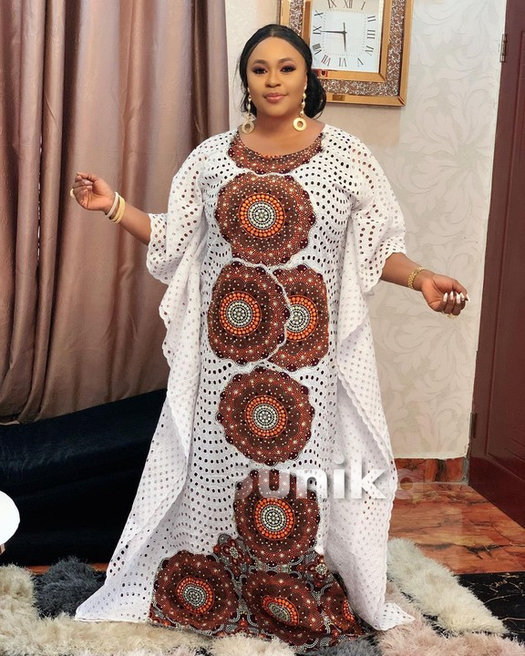 Brown African Print on White Nigerian Lace dress