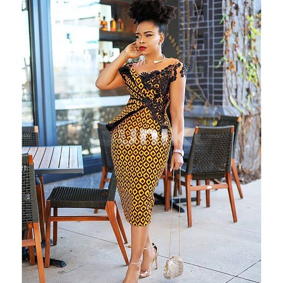 Brown and Gold Shweshwe Dress with Lace