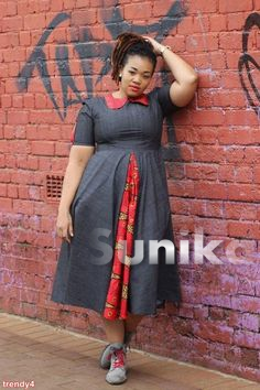 Denim African Print Dress with Collar