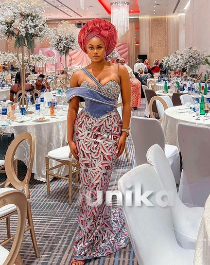 Denim Blue and African Print Nigerian Lace Dress