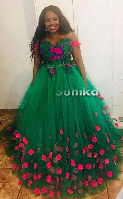 Green Drop Shoulder Strapless Tsonga Traditional Wedding Dress