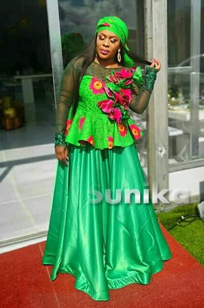 Green Tsonga Dress for Makoti with Tulle sleeves