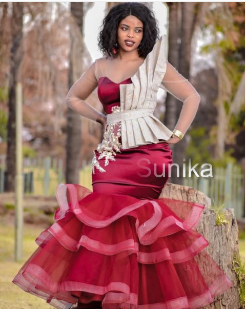 Maroon Traditional Wedding Dress with pleated side piece