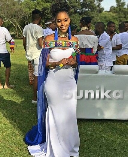 Drop Shoulder Ndebele Traditional Wedding Dress with Tulle Shawl