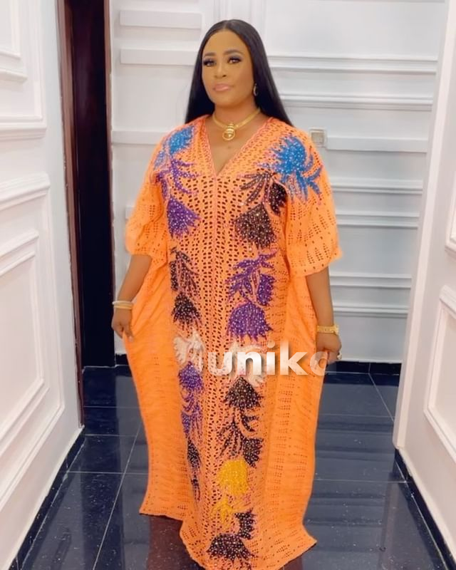 Orange Nigerian Lace Flared Dress Design