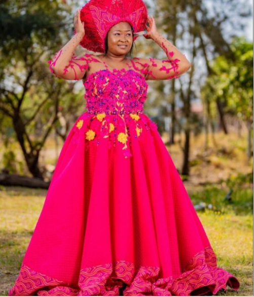 PinkTraditional Wedding Dress with Shweshwe Trim by Nim Couture