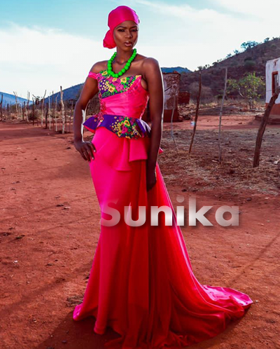 Tsonga Traditional Wedding Dress with Matching Green Beads