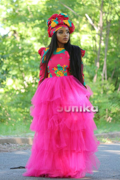 Pink Tsonga Dress for Makoti with Tulle and Matching doek