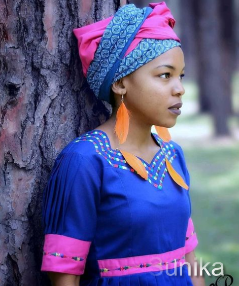 Pink and Blue Shweshwe Pedi Dress for Makoti
