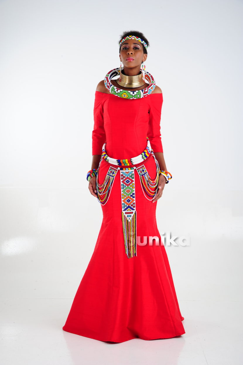 Plain Red Dress with Ndebele Traditional Dress