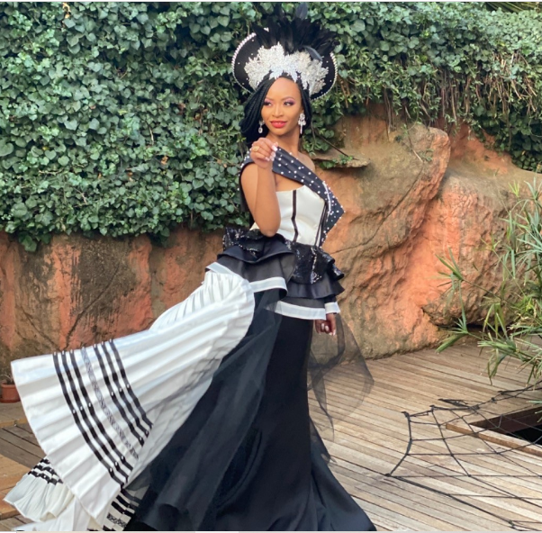 Pleated Black and White Xhosa Wedding Dress by Antherline Couture