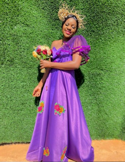 Purple 1 Sleeve Wedding Dress with Tulle