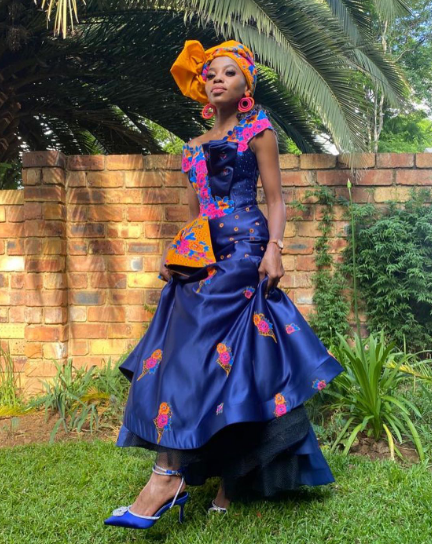 Purple and Yellow Tsonga Dress with Matching Doek by Sleek Afrik