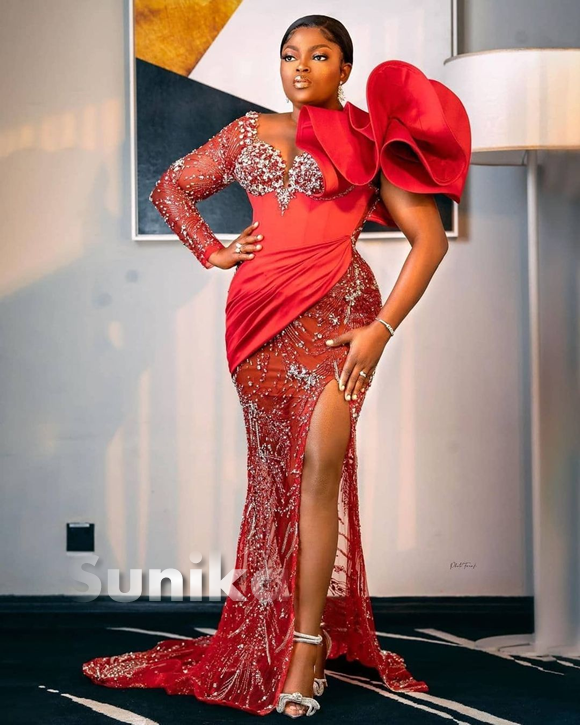 Red Nigerian Lace Dress Design