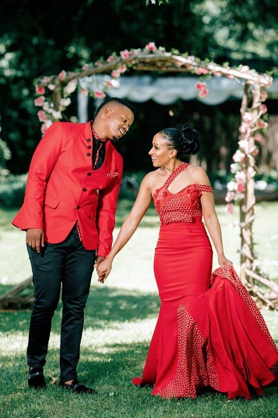 Red Shweshwe Attire for couples