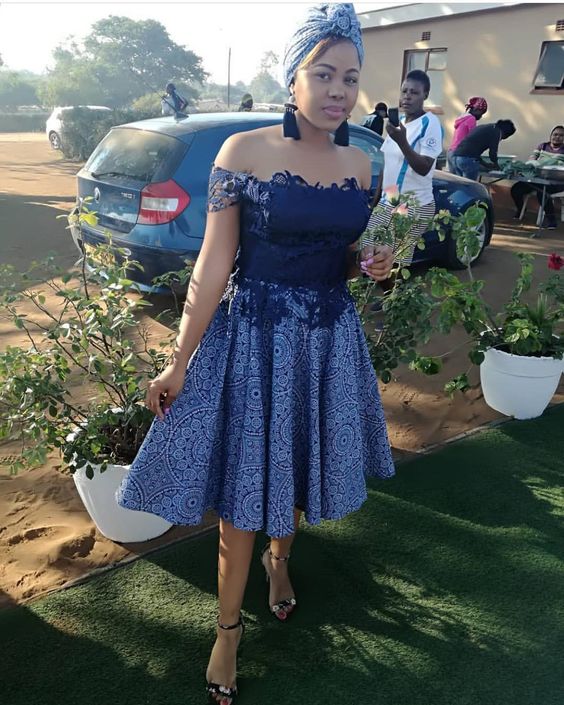 Shweshwe Dress with Blue Lace