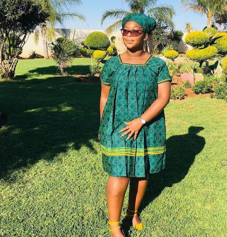 Shweshwe Green Sepedi Makoti Dress with Matching Doek 2022