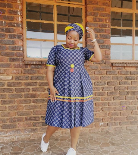 Shweshwe Pedi Makoti Dress with Matching Doek 2022