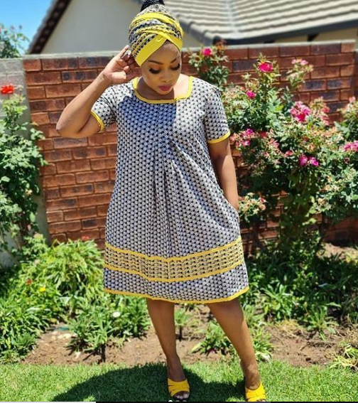 Shweshwe SePedi Dress with Yellow Trim and Matching shoes 2022