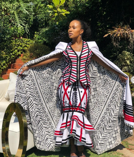 Sindi Dlathu Red Black and White Xhosa Traditional Dress