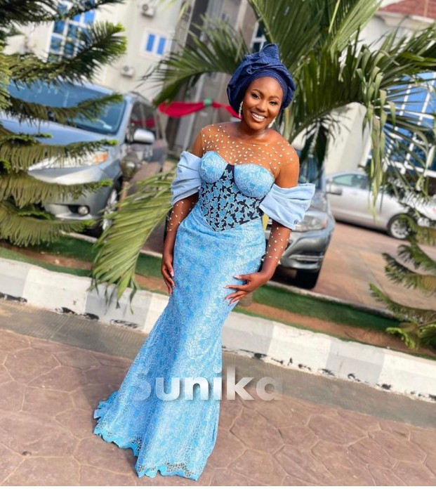 Sky Blue Traditional Nigerian Lace Design