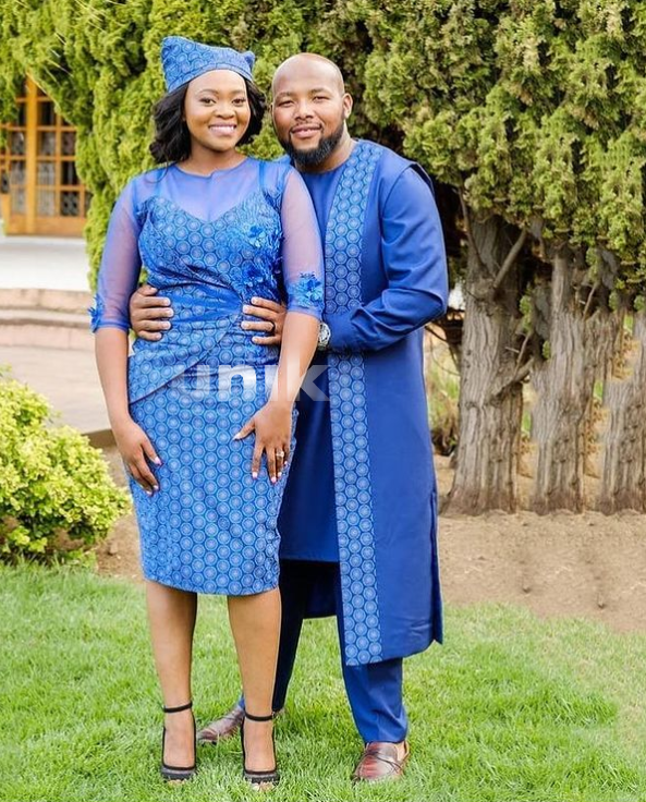Traditional Attire Sotho Couple Blue Shweshwe